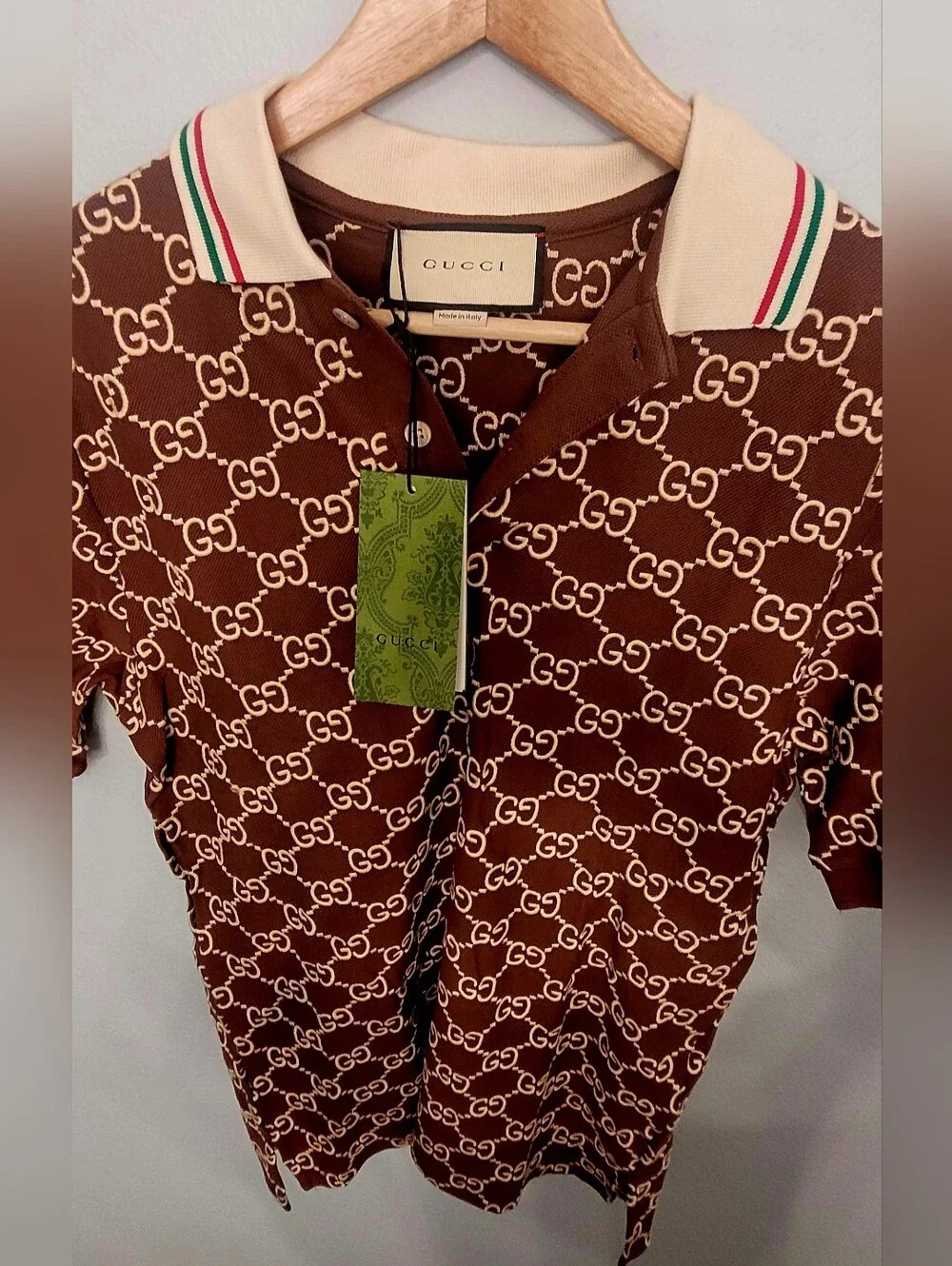 🇮🇹 Gucci Embroidered 👕Brown and Cream GG🇮🇹 Monogram Polo✨️